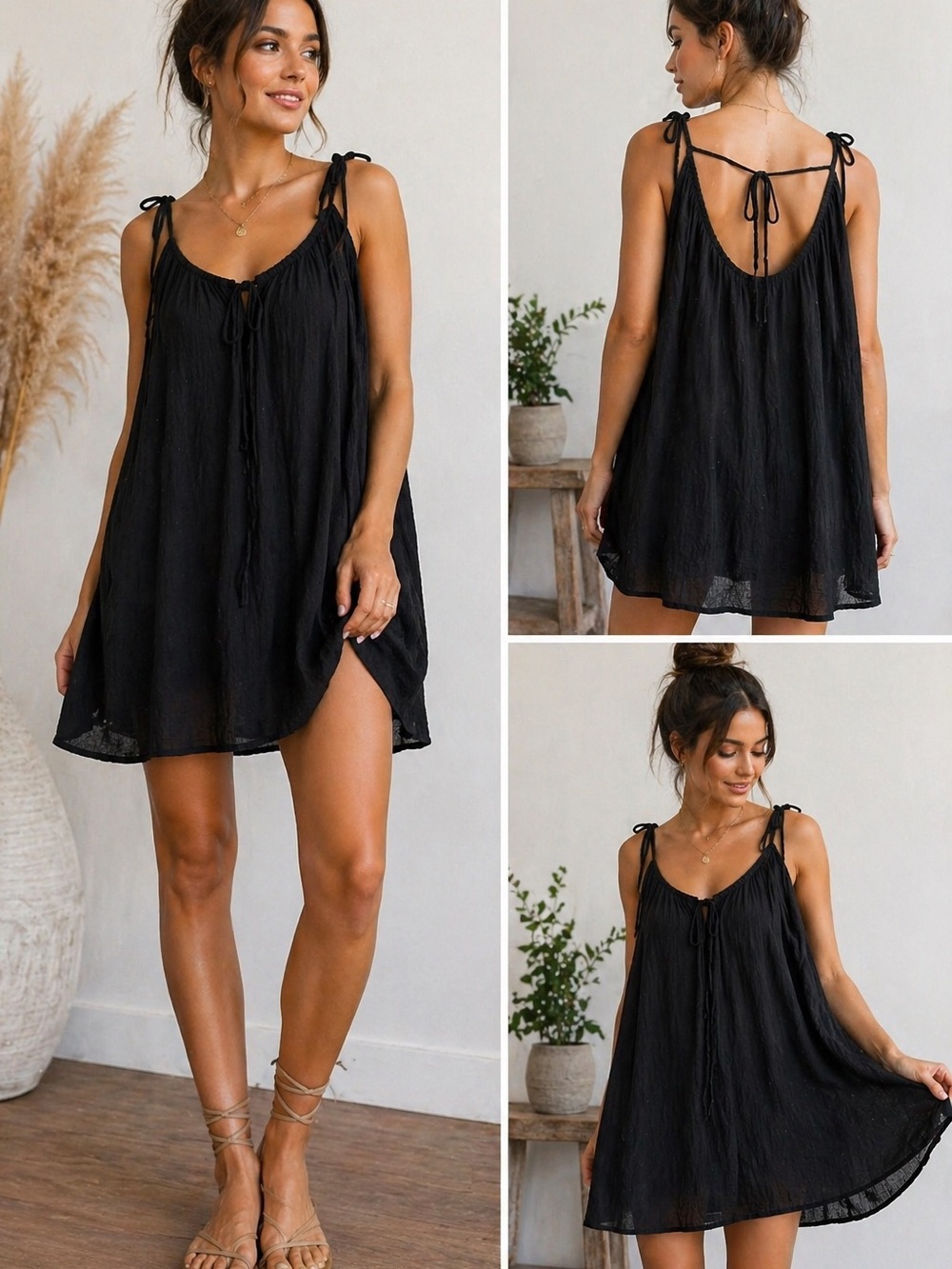 Free People Black Mini Dress Boho billowy Oversized